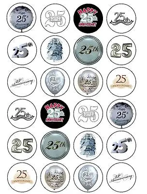 24x SILVER WEDDING ANNIVERSARY 25th PRE-CUT CUPCAKE EDIBLE RICE PAPER TOPPERS • £2.90