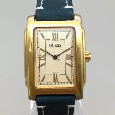 Vtg Guess Watch Unisex Gold Tone 28mm Rectangle Blue Leather New Battery 1997 • $35.99