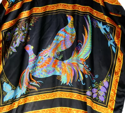 Vintage Winlar Slinky MuuMuu Dress One Size Black With Birds Kaftan Slinky Roper • $33.77