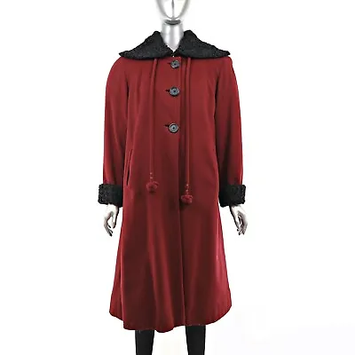 Burgundy Wool Coat With Persian Lamb Trim- Size L • $165