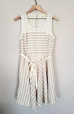 Women's A'reve Khaki Ivory Striped A Line Cotton Dress Size Medium Linen Look • $19.95