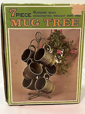 Vintage Mug Tree With 6 Mugs Stand Open Box Green Ceramic Retro Coffee Tea Stack • £43.42