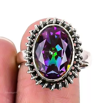 Natural Mystic Rainbow Topaz Gemstone 925 Silver Statement Ring Size 8 For Girls • $10.99