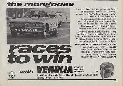 1972 Venolia Pistons Magazine Ad Tom The Mongoose McEwen 1971 Plymouth Duster • $2.80