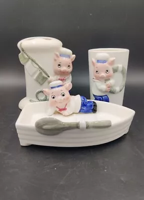 Vintage Anthropomorphic Sailor Pig 3pc Soap Dish Cup Toothbrush Holder Japan • $12.99