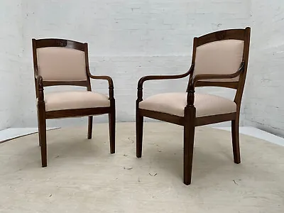 EB3436 Pair Of Danish Stained Oak & Pink Patterned Fabric Chairs Vintage VDIN • £180
