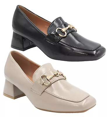 Womens Loafers Ladies Boots Flared Heels Buckle Slip On School Work Shoes Size • £17.95