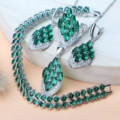 925 Sterling Silver Semi Precious CZ Crystal Green Stone Women Wedding Set • £24.99