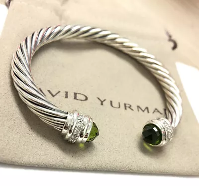 David Yurman Silver 7mm Cable Classic Peridot & Diamonds Bracelet Size M • $229