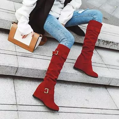 Womens Faux Suede Slouch Boots Hidden Wedge Heel Knight Knee High Boots • $66.40