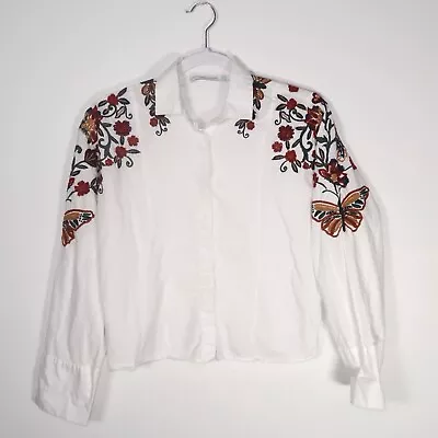 Zara Trafaluc Women's Butterfly Embroidered Shirt XS White Long Sleeve Collar • $9.95