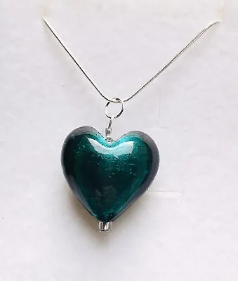 Stunning Aqua Silver Lined Murano Glass Heart Pendant 925 Silver Chain 1 • £6.99