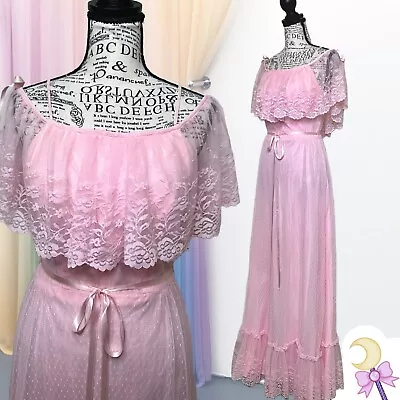 Vintage 70s Pink Lace Overlay Southern Belle Princess Prom Maxi Dress Size XS S • $98
