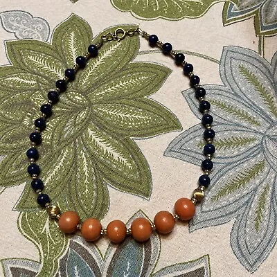 VTG Glass Beaded Necklace Faux Lapis Lazuli & Coral 14-17” • $22.75