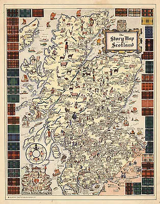 $13.95 • Buy Early Pictorial Story Map Scotland Vignettes Portraits Scottish Poster Vintage