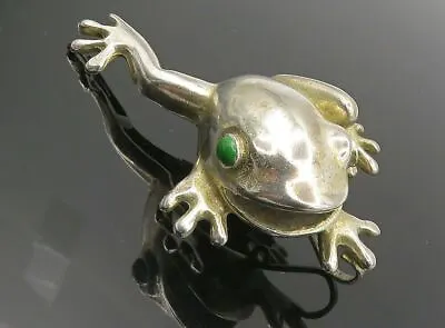 925 Sterling Silver - Vintage Green Stone Shiny Frog Motif Pendant - PT6671 • $49.97