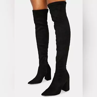 Steve Madden Over The Knee Boots Pointed Toe Block Heel Black Faux Suede Size 6 • $44