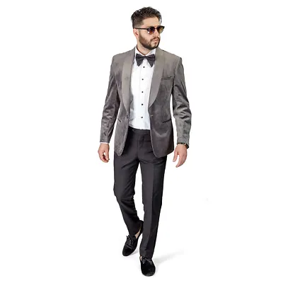 GREY Shawl Lapel VELVET Jacket Slim Fit Tuxedo 1 Button Black Pants BY AZAR MAN • $119