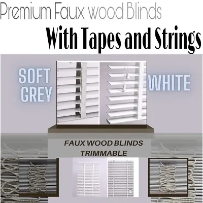 £20.40 • Buy 50mm Faux Wood Venetian Blinds Tape OR String Faux Wooden Blind In White & Grey