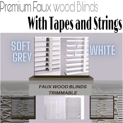 50mm Faux Wood Venetian Blinds Tape OR String Faux Wooden Blind In White & Grey • £86.77