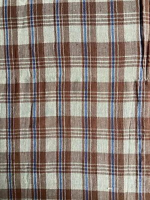 Vintage Check Cheesecloth Woven Cotton Fabric 70s Brown Blue Retro Muslin Madras • £12