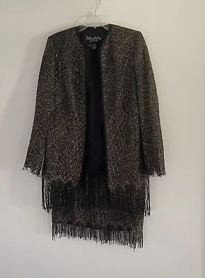 Moshita Couture 2-Piece Fringe Black Gold Glitter Jacket Skirt Suit Size 10 • $99.85