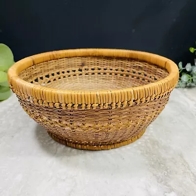 Vintage Handmade Woven Basket Round Bottom 9  Diameter 4  Tall Storage Bread • $24.99