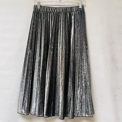 Womens Small Premium Metallic Shiny Shimmer Accordion Pleated Midi Skirt Party • $19.65