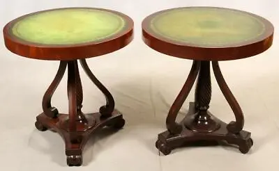 Tables Round Tooled Mahogany Green Leather Top Pair Vintage 1940 C!! • $2708.69