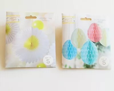 5 HONEYCOMB DAISIES Or PASTEL EGGS Paper Pieces 3D BUNTING Ribbon Hanging PARTY • £4.95