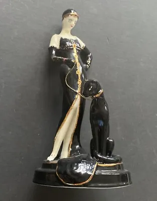 Art Deco Beautiful Lady Black Dress Gold Trim Statue With Black Panther • $115