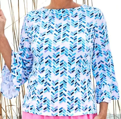 FRESH PRODUCE Large White Maritime MOSAIC KIRA 3/4 Bell Sleeve Top $65 New NWT L • $16.25