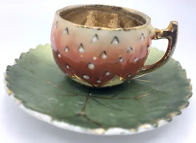 Niagara Falls Miniature Strawberry Leaf Teacup Saucer Set Germany Gold Gilt Vtg • $17.50