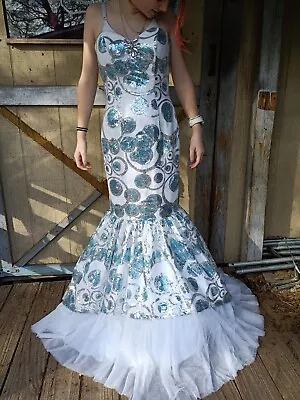 Madeline Gardner Prom Dress Mermaid Style White Blue And Silver Strapless Size 6 • $169.99