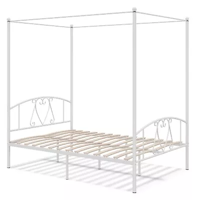 Double Size Metal Canopy Bed Frame 4-Poster Modern Platform Wooden Slat Support • £109.95