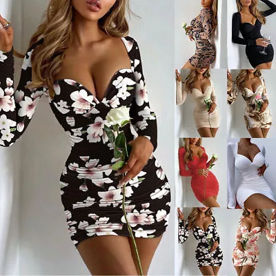 ️Sexy Women V Neck Bodycon Club Mini Dress Ladies Long Sleeve Party Dresses • $22.99