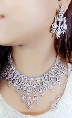 Indian Bollywood Silver Plated  AD CZ Choker Necklace Wedding Bridal Jewelry Set • $31.67