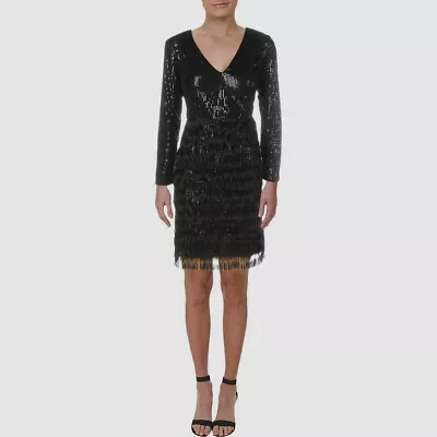 $195 Aidan Mattox Womens Black Sequined V-Neck Long-Sleeve Cocktail Dress Size 4 • $47.98