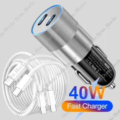 40W Dual Type C Car Charger Adapter USB C To C Cable For IPhone 15 Plus Pro Max • $12.03