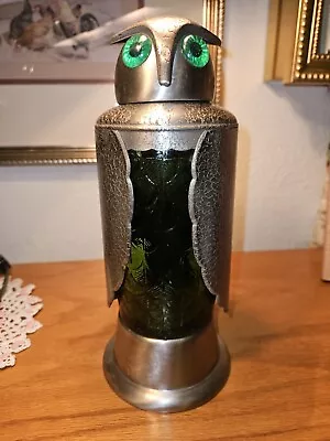 Vtg. 1970s Pewter GREEN GLASS OWL Music Box DECANTER Bottle Fiddler On The Roof • $49.95