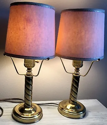 Pair Vtg Twisted Brass Candlestick Table Lamps W/ Shades Office Bedroom 13”H • $50