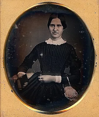 Pretty Young Woman With Beaded Purse Holding Book 1/6 Plate Daguerreotype K870 • $122.50