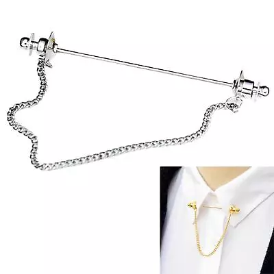 Fashion Men Collar Bar Pin With Link Chain Jewelry Decor Badges Necktie Tie • £4.45