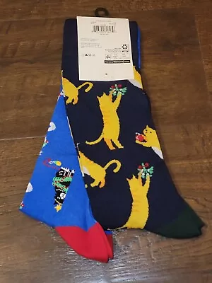 Holiday Time 2 Pair Mens Christmas Socks Crew Size 6-12 Tree Cat New • $9.99
