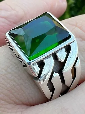 Mens Real Solid 925 Sterling Silver Green Stone Big Gem Stone Ring Pinky Signet • $45.88