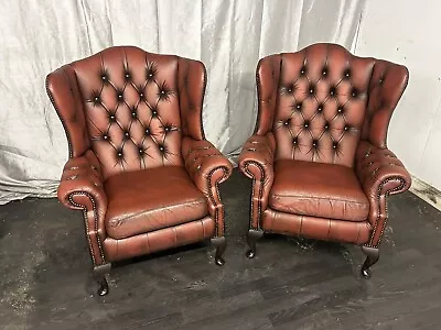 Chesterfield Queen Ann Chairs A Beautiful Matching Pair In Tobacco Brown Leather • £995