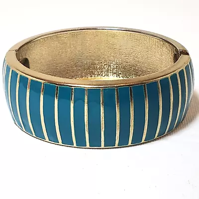 Striped Teal Enamel On 1  Wide Gold Tone VTG 7  Hinge Cuff Bracelet • $14