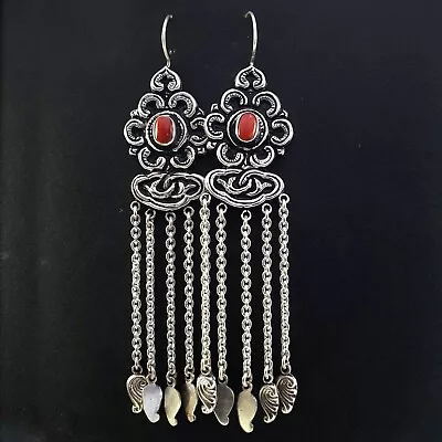 925 Sterling Silver Coral Stone Nepal Tibetan Chain Drop Dangle Earrings Vintage • $198