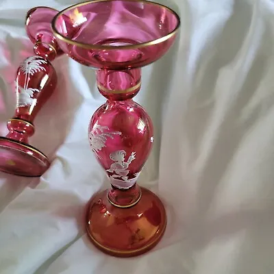 Vtge 2 Pc Mary Gregory Cranberry Glass Candlesticks W Germany Boy Girl Butterfly • $1203.71