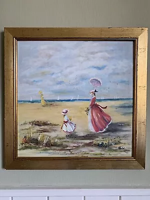 Original Vintage Oil Painting Seascape Portrait Lady Girl Child Beach Walk • £65